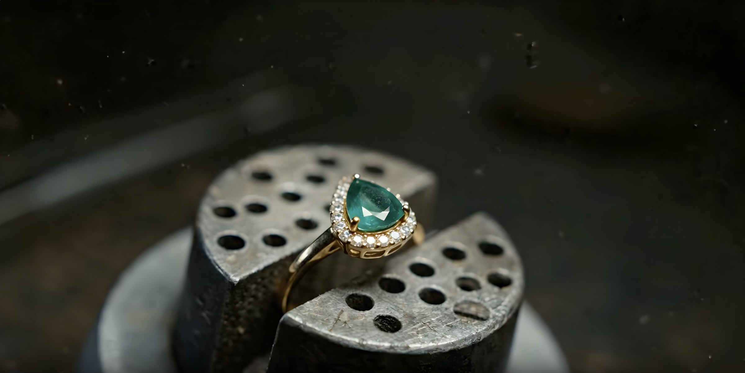 A bespoke emerald pear-cut ring on the goldsmith's bench